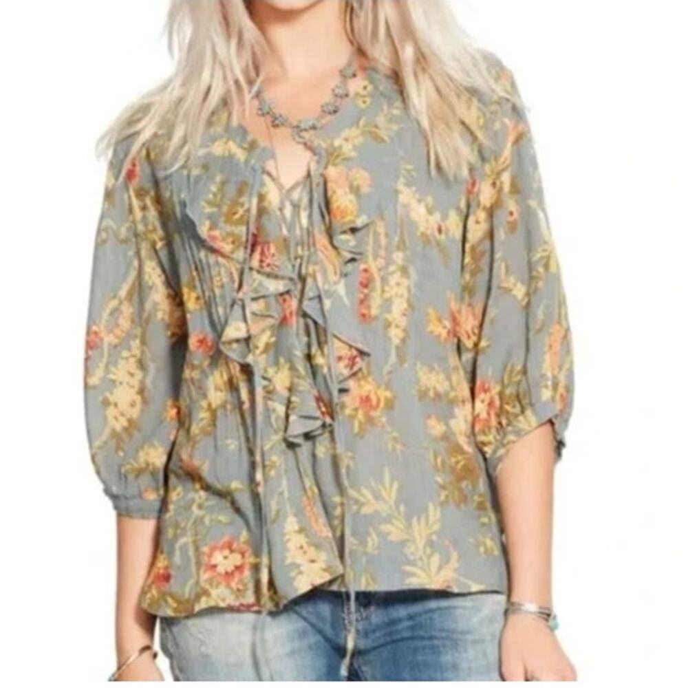 Denim & Supply Ralph Lauren Avery Swing Floral Blouse Boho Ruffle (XS)Dusty Blue